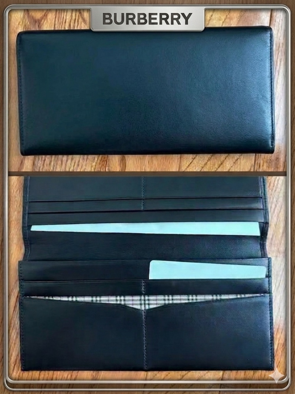 NWOT Burberry Black Leather Continental Long Bifold Wallet Vintage Nova Check